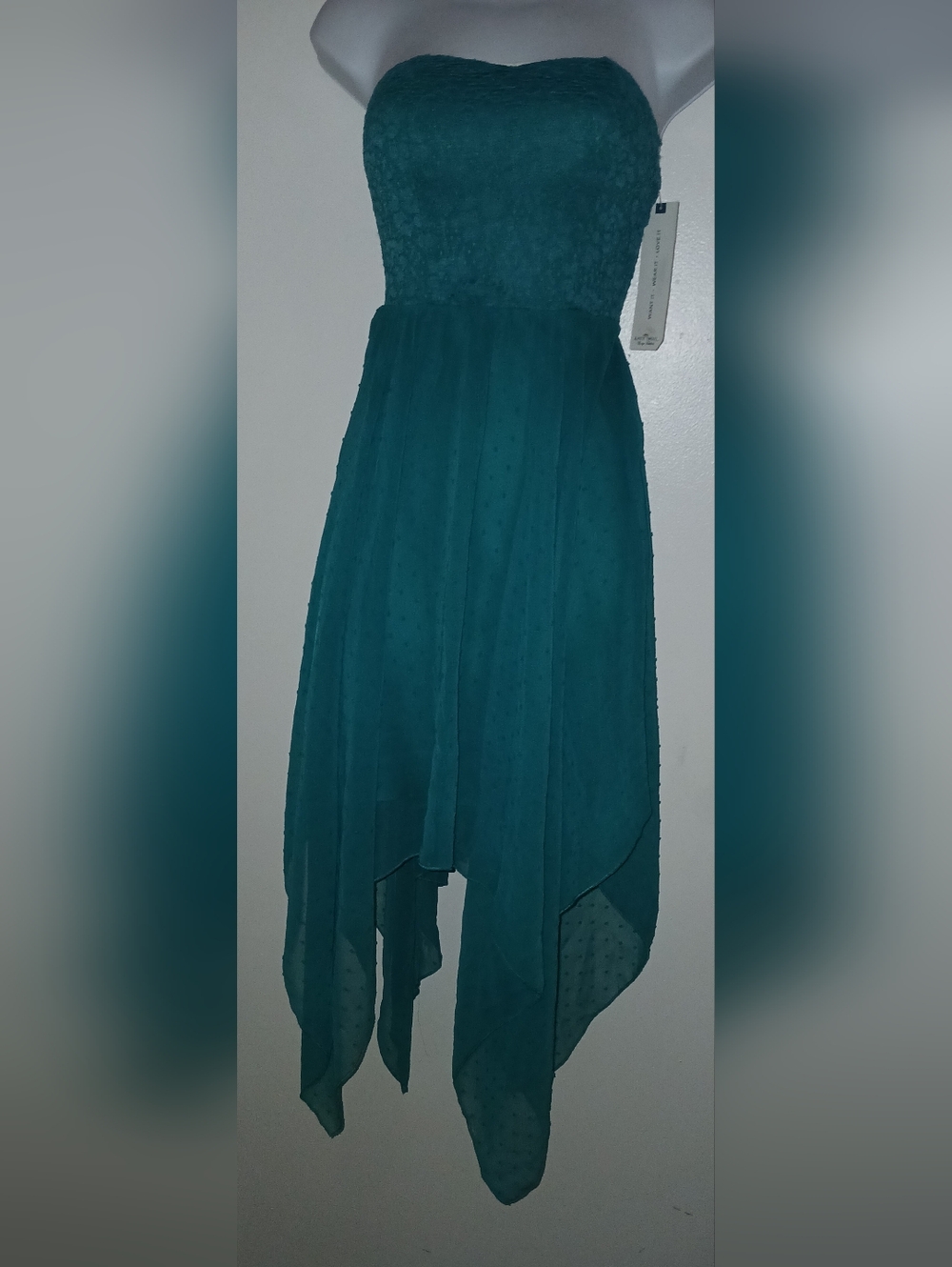 NWT Strapless Teal Lace & Chiffon Handkerchief Hem Dress.